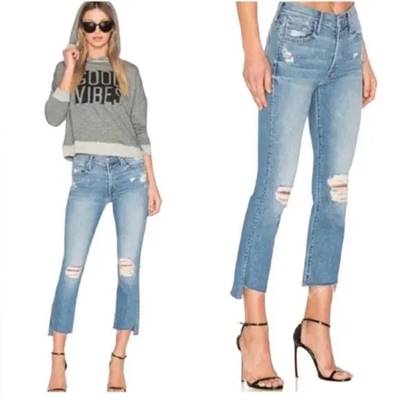 MOTHER Denim - Mother the insider crop step Frey distressed blue denim jeans